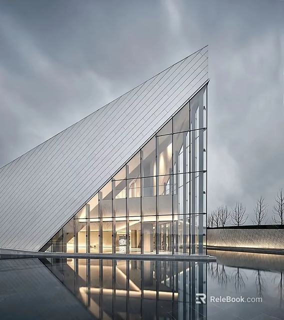 Modern Architectural Building With Triangular Roof Glass Curtain Wall Illuminated Interior And Water Reflection 3d model 