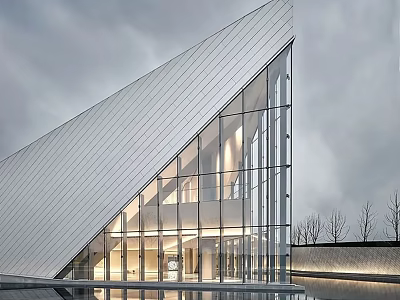 Modern Architectural Building With Triangular Roof Glass Curtain Wall Illuminated Interior And Water Reflection 3d model