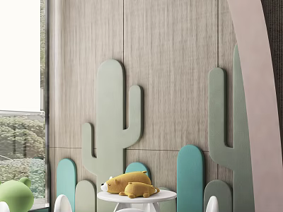 Kids Table With Cactus Decorations Yellow Stuffed Toys Wooden Wall Pink Curved And White Chairs 3d model