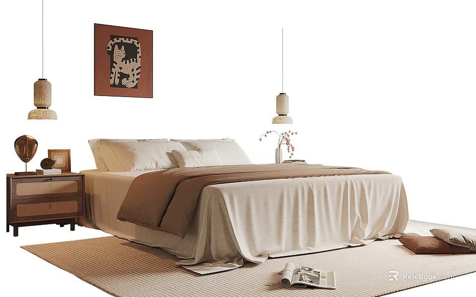 Cozy Double Bed With White Pillows Brown Duvet Beige Bedspread Nightstand Wall Art And Rug 3d model 