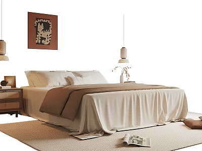 Cozy Double Bed With White Pillows Brown Duvet Beige Bedspread Nightstand Wall Art And Rug 3d model