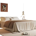 Cozy Double Bed With White Pillows Brown Duvet Beige Bedspread Nightstand Wall Art And Rug