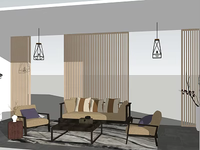 Modern Minimalist Sofa and Coffee Table Set with Accent Chairs Wooden Screens and Pendant Lights 3d model