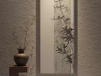 Chinese Style Botanical Painting of Bamboo with Ceramic Vase on Wall and Natural Decor 3d model
