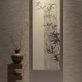 Chinese Style Botanical Painting of Bamboo with Ceramic Vase on Wall and Natural Decor