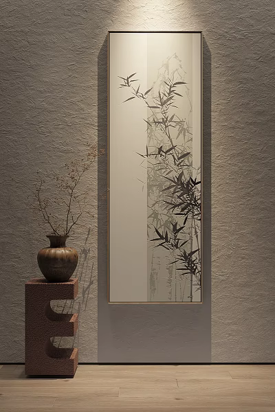 Chinese Style Botanical Painting of Bamboo with Ceramic Vase on Wall and Natural Decor 3d model