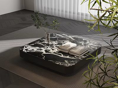 Stylish Coffee Table With Marble Top Books Vase And Green Plant In Living Room 3d model