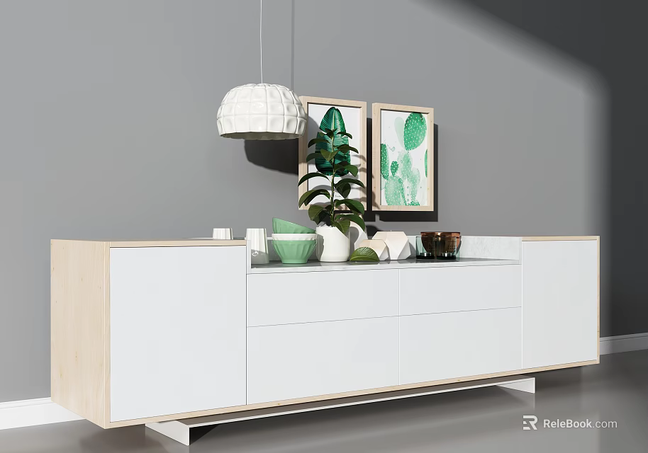 Modern White And Light Wood TV Stand With Green Plants Framed Artworks And Pendant Light 3d model 