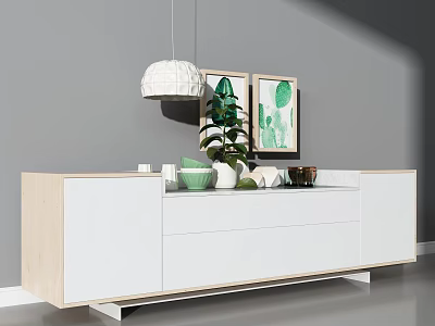 Modern White And Light Wood TV Stand With Green Plants Framed Artworks And Pendant Light 3d model