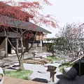 Traditional Japanese Courtyard Garden with Wooden Bridge Stone Lantern Green Statues and Stones