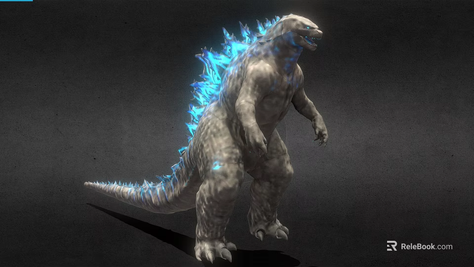 Giant Scaly Monster With Blue Glowing Spines Standing In Dark 3d model 