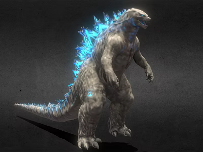 Giant Scaly Monster With Blue Glowing Spines Standing In Dark 3d model