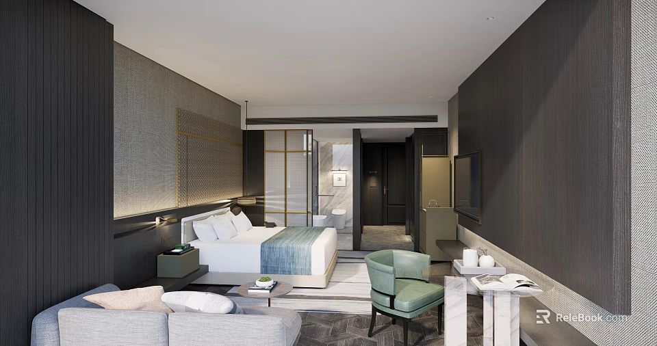 Elegant Modern Hotel Room Interior With King Bed Sofa Accent Chair And Lighting 3d model 