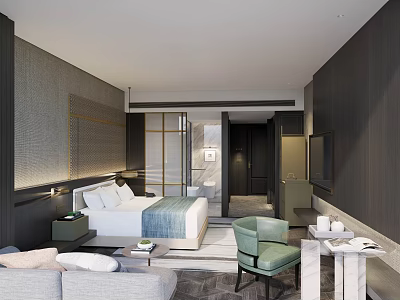 Elegant Modern Hotel Room Interior With King Bed Sofa Accent Chair And Lighting 3d model