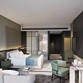 Elegant Modern Hotel Room Interior With King Bed Sofa Accent Chair And Lighting