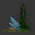 Natural Winter Scene With Snowy Ground Blue Rock Pine Tree And Small Plants