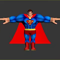 Superman Blue Costume Red Cape Yellow S Emblem Arms Outstretched Standing on Gray Background with Reflection
