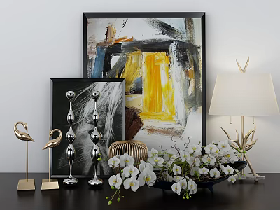Decorative Ornament Set With Abstract Painting Flamingo Figurine Silver Decor White Orchids And Table Lamp 3d model
