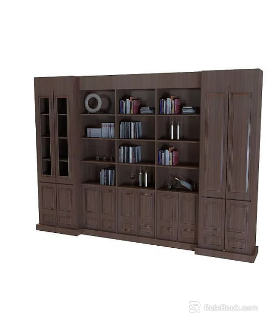 Technology Exhibition Hall Dark Wood Display Cabinet With Multiple Shelves Holding Books And Decorative Items 3d model 
