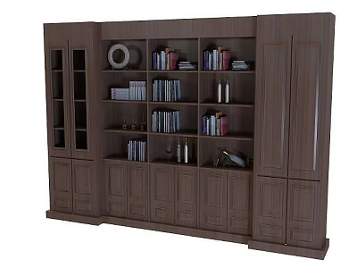 Technology Exhibition Hall Dark Wood Display Cabinet With Multiple Shelves Holding Books And Decorative Items 3d model