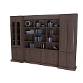 Technology Exhibition Hall Dark Wood Display Cabinet With Multiple Shelves Holding Books And Decorative Items