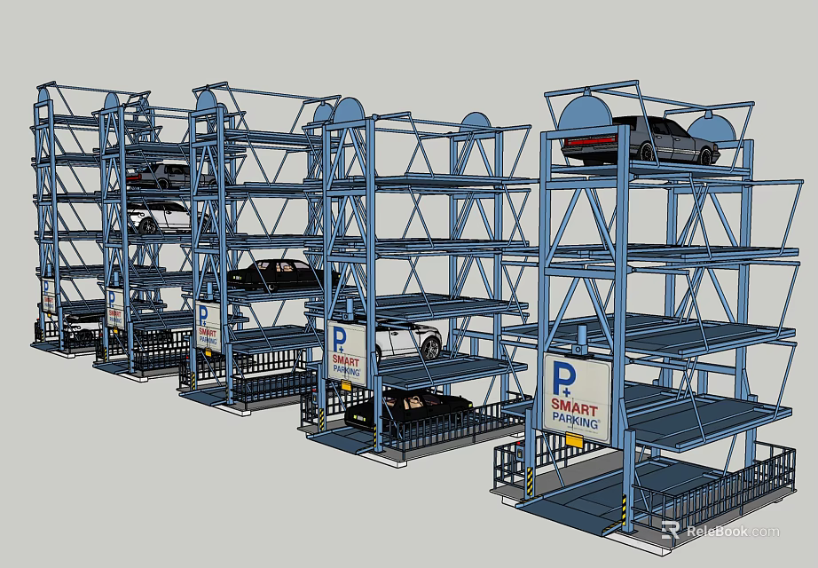 Multi Level Blue Metal Frame Parking Structure With Cars Parked On Multiple Floors 3d model 