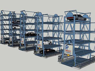Multi Level Blue Metal Frame Parking Structure With Cars Parked On Multiple Floors 3d model
