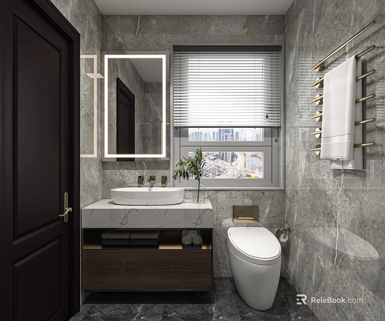 Modern Luxury Marble Bathroom Interior With Smart Toilet LED Vanity Mirror And Premium Gold Fixtures 3d model 