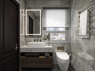 Modern Luxury Marble Bathroom Interior With Smart Toilet LED Vanity Mirror And Premium Gold Fixtures 3d model
