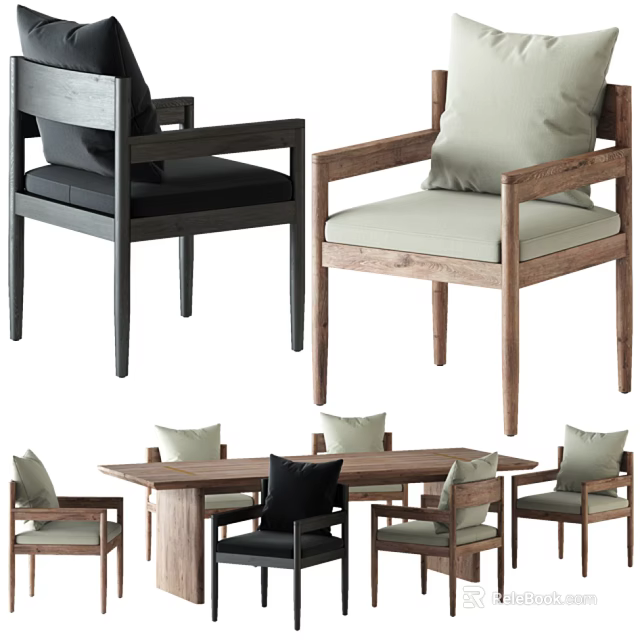 Wooden Table and Chair Combination with Black and Light Colored Seats and Frames 3d model 