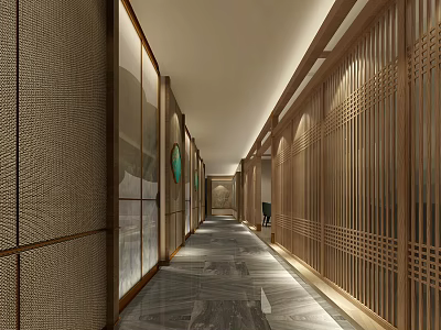 Modern Hotel Corridor With Wooden Lattice Walls Soft Lighting And Marble Flooring 3d model