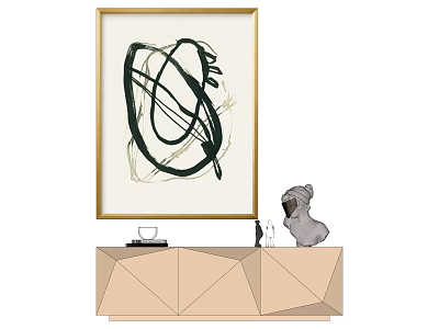 Abstract Painting With Golden Frame On Geometric Cabinet With Dog Statue And Glass Vases 3d model