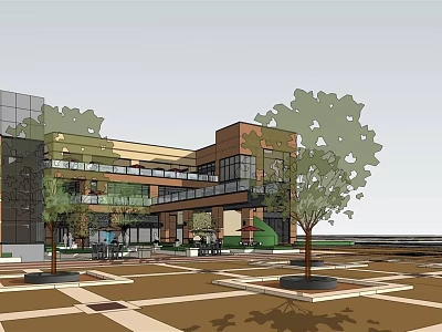 Modern Commercial Street With Glass Curtain Walls Trees And Plaza Area 3d model