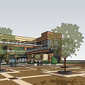 Modern Commercial Street With Glass Curtain Walls Trees And Plaza Area