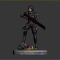 Military Character Statue In Black Red Armor With Long Weapon Barrel On Circular Base