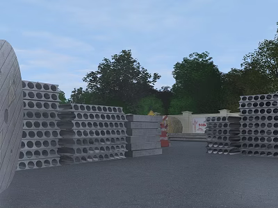 Garden Landscape Featuring Stacked Concrete Blocks And Green Trees With Background Wall 3d model