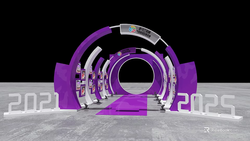 Purple and White Event Entrance Archway With Decorative Panels and 2021 Signage 3d model 