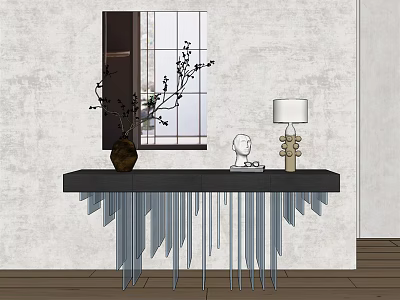 Modern Console Table with Black Countertop Silver Fringe Supports Vase Branches Lamp and Sculpture 3d model