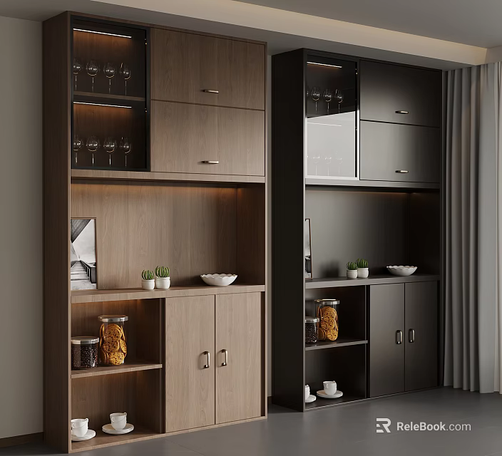 Modern Sideboard With Dark And Light Wood Glass Cabinets Wine Glasses Decorative Items And Plants 3d model 