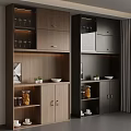 Modern Sideboard With Dark And Light Wood Glass Cabinets Wine Glasses Decorative Items And Plants