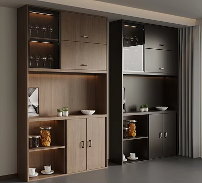 Modern Sideboard With Dark And Light Wood Glass Cabinets Wine Glasses Decorative Items And Plants 3d model