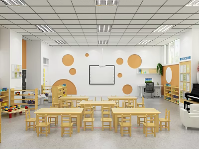 Bright Kindergarten Classroom With Wooden Tables Chairs Whiteboard And Orange Circular Decorative Walls 3d model