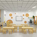 Bright Kindergarten Classroom With Wooden Tables Chairs Whiteboard And Orange Circular Decorative Walls