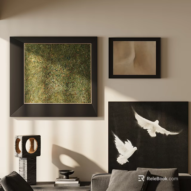 Framed Abstract Paintings On Wall With White Doves And Green Textured Art 3d model 