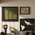 Framed Abstract Paintings On Wall With White Doves And Green Textured Art