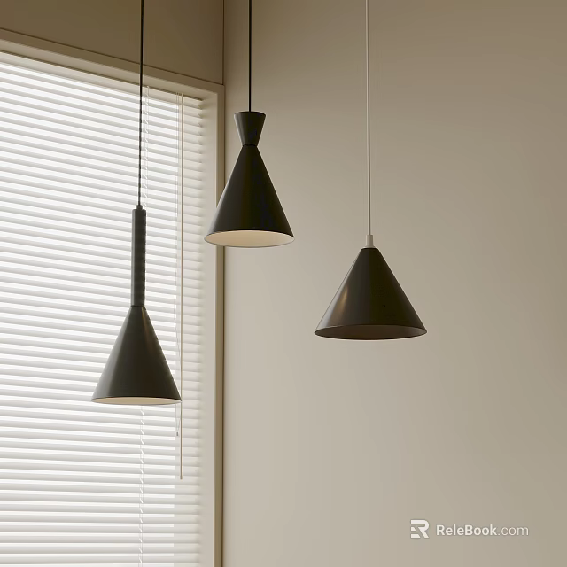 Three Black Pendant Lights With Window Blinds And Light Colored Wall 3d model