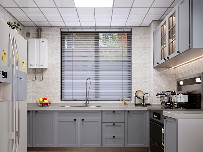 Modern Gray Kitchen Interior With White Tiled Walls Window Blinds Sink And Appliances 3d model