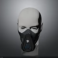 Black Mesh Design Face Mask on White Mannequin Head with Brand Logo and Blue Accents