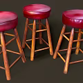 Classic Wooden Bar Stool With Red Leather Seat And Sturdy Legs