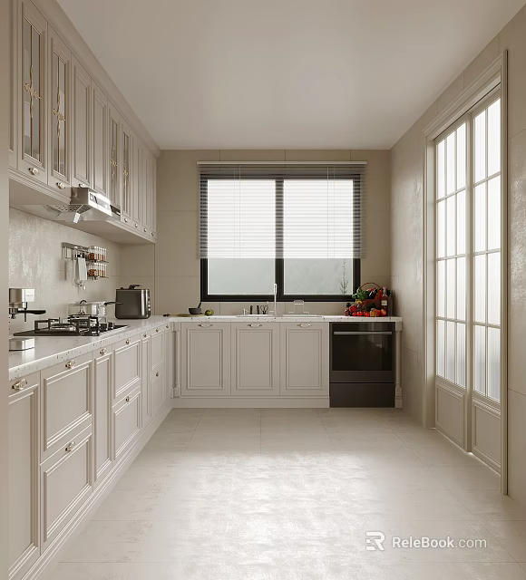 Modern Kitchen Interior With Light Colored Cabinets Window Blinds And Appliances 3d model